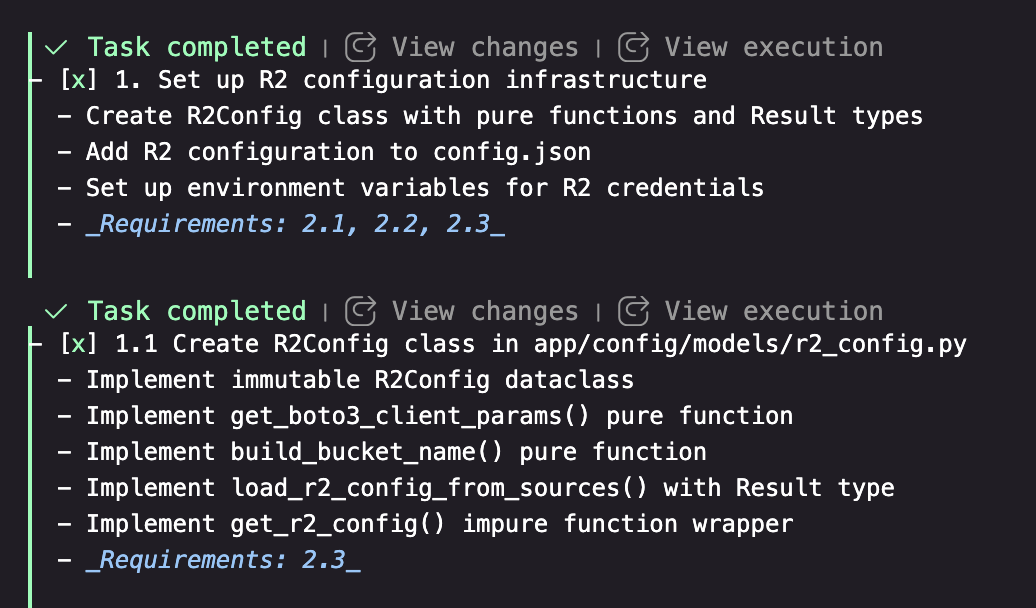 Kiro tasks UI showing completed tasks with View changes and View execution links